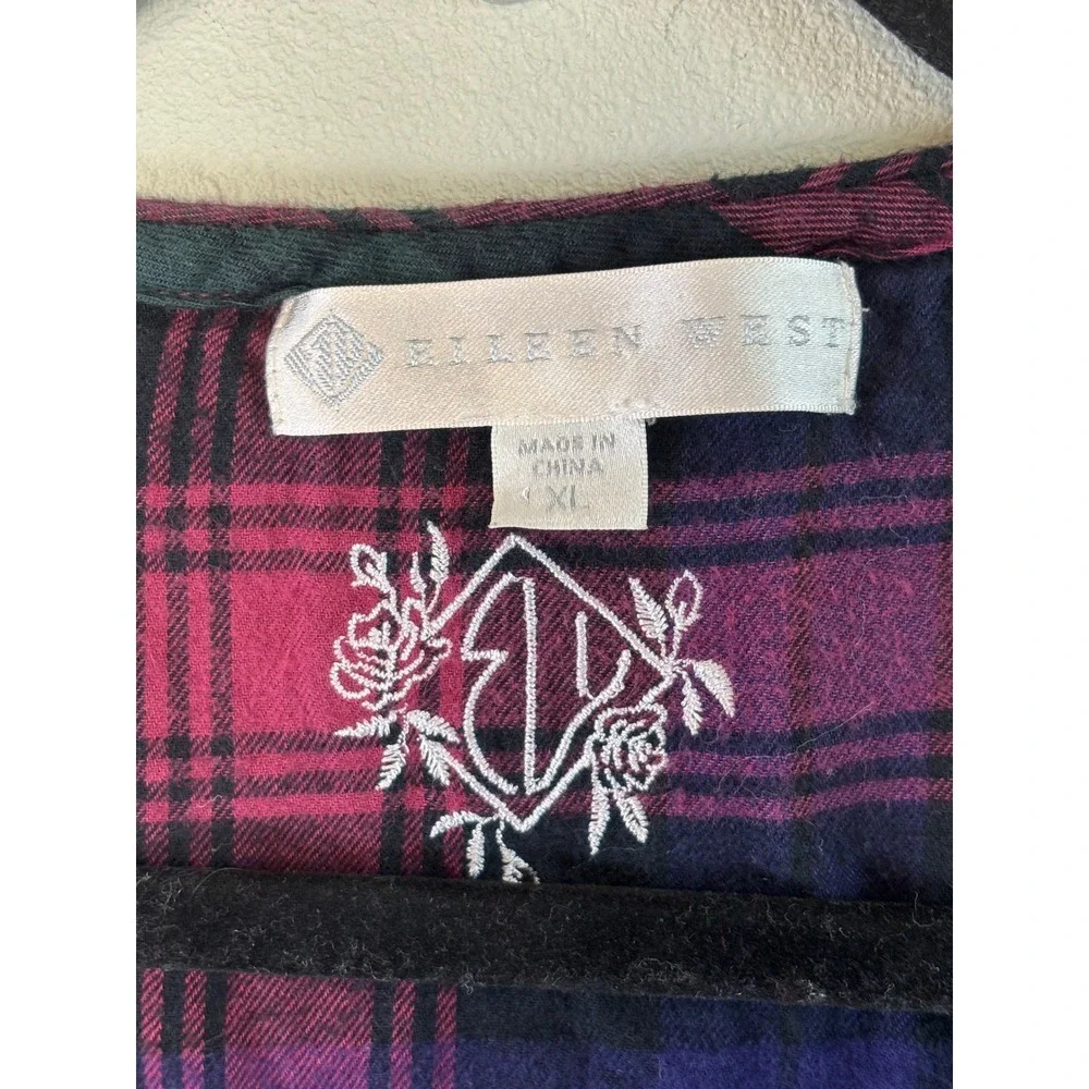 Eileen West Plaid Cotton Flannel Ballet Nightgown XL Velvet Trim Sleepwear